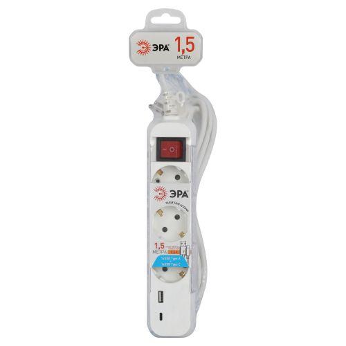 Удлинитель 3х1.5м с заземл. 10А +1xUSBA+1xUSBC с выкл. UB-3es-1.5m-USB Эра Б0052897