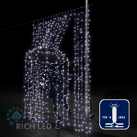 Светодиодный занавес (дождь) Rich LED 2*3 м, влагозащитный колпачок, мерцающий, белый, белый провод,