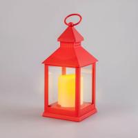 Декоративный фонарь со свечкой, красный корпус, размер 10,5х10,5х24см, цвет ТЕПЛЫЙ БЕЛЫЙ