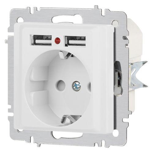 Розетка 1-м СП Accent 6-410-01М 16А IP20 250В P+E Schuko защ. шторки + 2хUSB бел. матов. Intro Б0063691