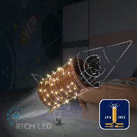 Светодиодная гирлянда Rich LED 10 м, 100 LED, 24В, соединяемая, влагозащитный колпачок, теплая белая, мерцающая, золотой провод,