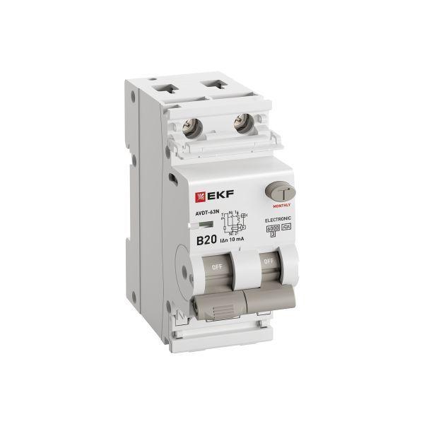 Выключатель автоматический дифференциального тока 2п (1P+N) B 20А 10мА тип A 6кА АВДТ-63N (электрон.) PROxima EKF D63N26EA20B10