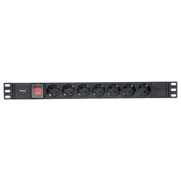 Блок PDU TERACOM PRO 19дюйм 1U 10А 250В 7-м Schuko с выкл. без шнура питания вх. разъем C14 алюм. черн. EKF TRP-HPD-LS-10A-7SH-C14