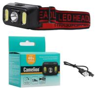 Фонарь аккумуляторный налобный 3.7В XPE+2 x COB 3Вт 5 режимов Type-C бокс LED53417 черн. Camelion 15747