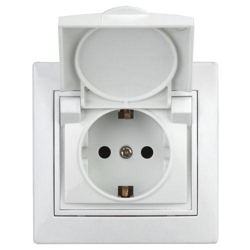 Розетка 1-м СП Plano 1-209-01 16А IP44 250В 2P+E Schuko с заземл. защ. шторки с крышкой бел. Intro Б0048033