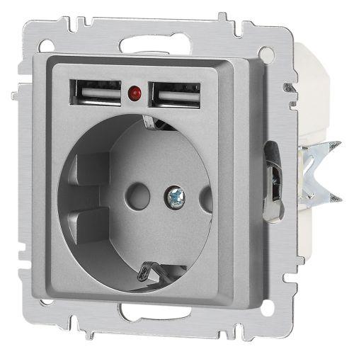 Розетка 1-м СП Accent 6-410-03 16А IP20 250В P+E Schuko + 2хUSB защ. шторки алюм. Intro Б0063694