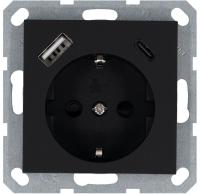 Розетка Shuko 16А с заземл. защ. шторки с 2-мя заряд. устройствами USB тип A+C 25Вт механизм черн. матов. soft touch Jasmart G5501USB-25PB