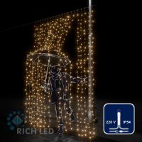 Светодиодный занавес (дождь) Rich LED 2*3 м, белый теплый, прозрачный провод,