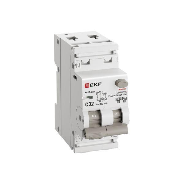 Выключатель автоматический дифференциального тока 2п (1P+N) C 32А 300мА тип AC 6кА АВДТ-63N (S) селект. (электромех.) PROxima EKF D63N26MS32C300
