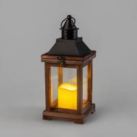 Декоративный фонарь со свечкой, корпус из дерева, размер 14х14х35cм, цвет теплый белый