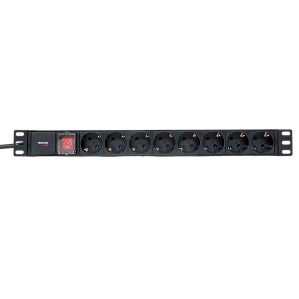 Блок PDU TERACOM PRO 19дюйм 1U 16А/250В 8 роз. Schuko с выключат. шнур 2м 3х1.5кв.мм вилка Schuko корпус пластик черн. EKF TRP-HPD-LSP-16A-8SH-2MSH