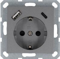 Розетка Shuko 16А с заземл. защ. шторки с 2-мя заряд. устройствами USB тип A+C 25Вт механизм алюм. Jasmart G5501USB-25S