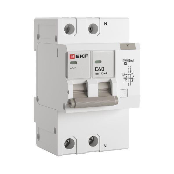 Выключатель автоматический дифференциального тока C 40А 100мА тип AC 6кА АД-2 (электрон.) защита 270В PROxima EKF DA2-6-40-100-pro