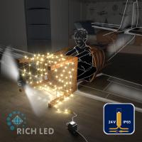 Светодиодная гирлянда Rich LED 10 м, 100 LED, 24В, соединяемая, влагозащитный колпачок, статика, теплая белая, золотой провод,