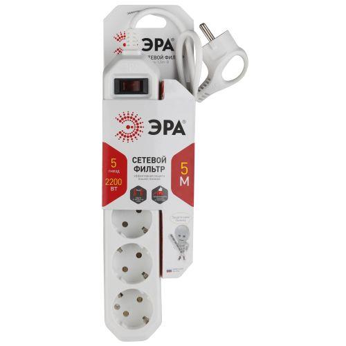 Удлинитель с сетевым фильтром 5х5м с заземл. 10А IP20 USF-5es-5m-W ПВС 3х0.75 с выкл. бел. Эра Б0019738