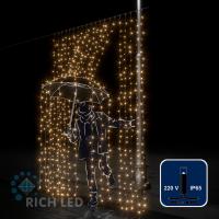 Светодиодный занавес (дождь) Rich LED 2*3 м, влагозащитный колпачок, теплый белый, черный провод,