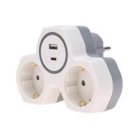Двойник электрический (разветвитель) 16А с/з + USB-A + USB-C с защитными шторками, белый REXANT