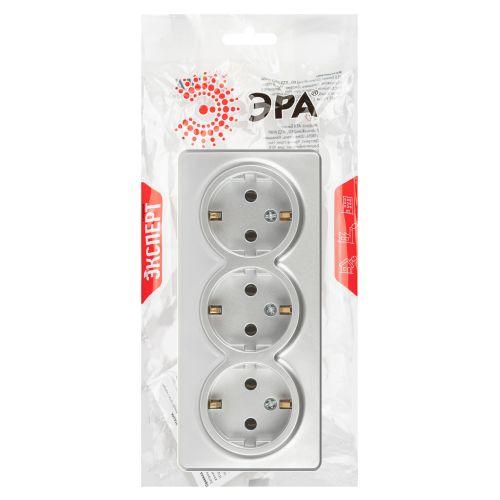 Розетка 3-м ОП Эксперт 11-2208-03 16А IP20 250В 3х2P+E Schuko с заземл. алюм. Эра Б0063010