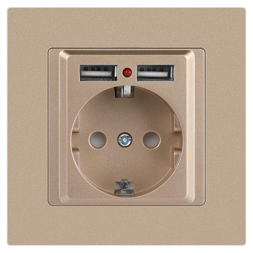 Розетка 1-м СП Accent 6-410-04 16А IP20 250В P+E Schuko + 2хUSB защ. шторки шампань Intro Б0063696