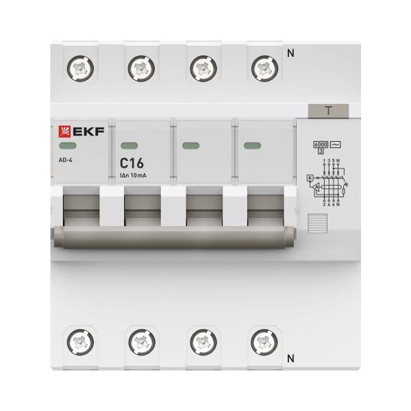 Выключатель автоматический дифференциального тока C 16А 10мА тип AC 6кА АД-4 (электрон.) PROxima EKF DA4-6-16-10-pro