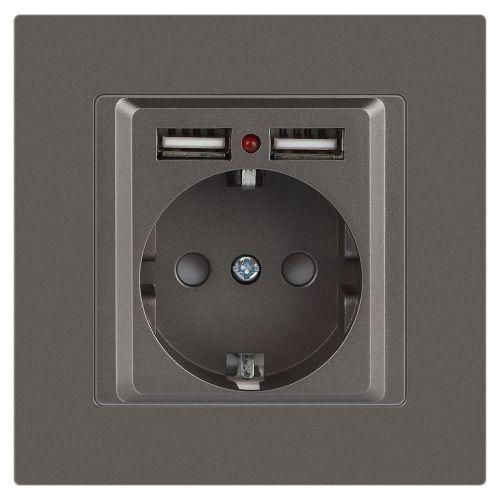Розетка 1-м СП Accent 6-410-09 16А IP20 250В P+E Schuko + 2хUSB защ. шторки титан Intro Б0063711