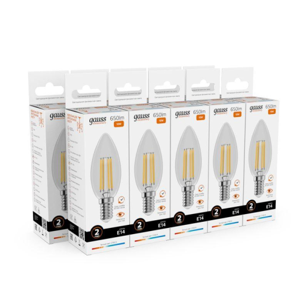 Лампа светодиодная филаментная Filament Elementary 10Вт свеча 2700К Е14 650лм GAUSS 32110