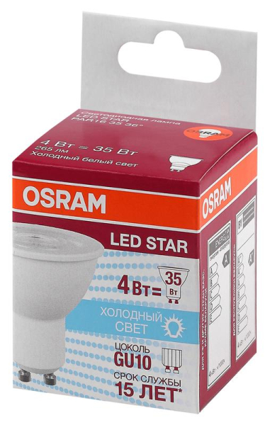 Лампа светодиодная LED Star PAR16 3536 4W/840 230V GU10 PAR16 4Вт прозрачная 4000К нейтр. бел. GU10 265лм 220-240В пластик. (замена 35Вт) OSRAM 4058075481374