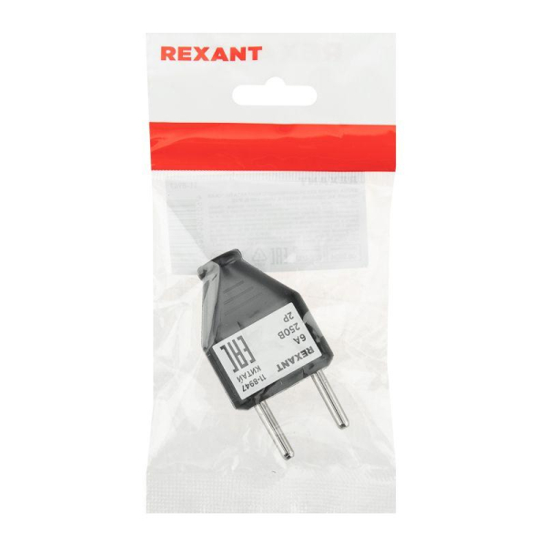 Вилка прямая без з/к 6А плоская черная REXANT