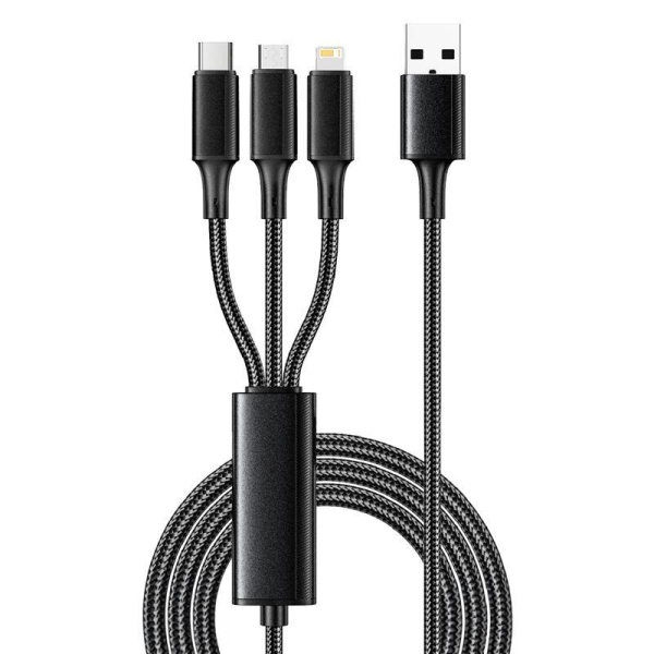 Кабель USB 3в1 Type-С (6A), Lightning (2,4A), micro USB (3A) 1,2м, в черной оплетке REXANT