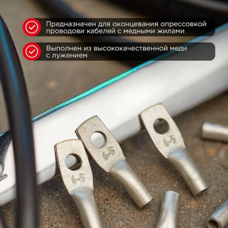 Наконечник медный луженый ТМЛ 6–5–4 (6мм² - Ø5мм) ГОСТ 7386-80 (в упак. 10 шт.) REXANT