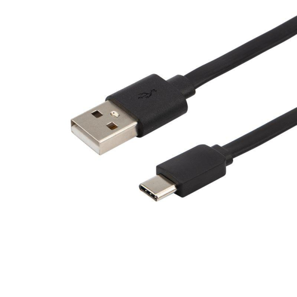 Кабель USB-A – Type-C, 2,4A, 1м, ПВХ, черный, плоский REXANT