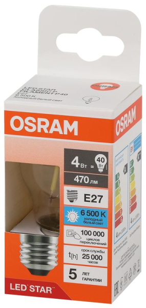 Лампа светодиодная филаментная LS CLP40 4W/865 230VFILCL RU 4Вт 6500К холод. бел. E27 470лм P угол пучка 300град. 220-240В (замена 40Вт) прозр. стекло OSRAM 4058075688285
