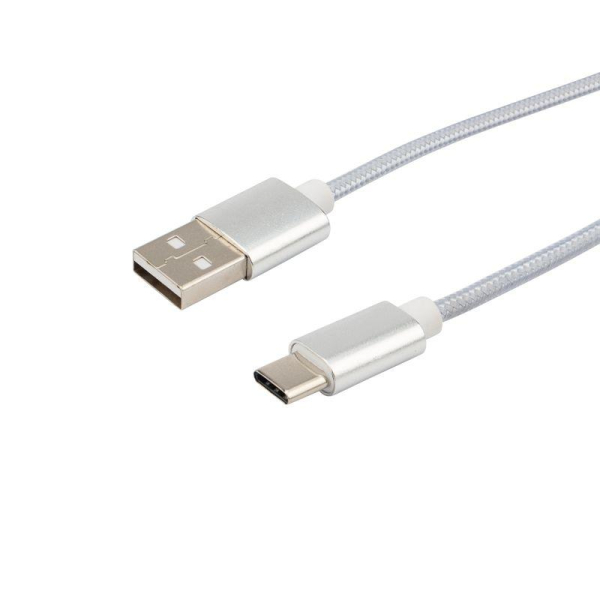 Кабель USB-A – Type-C, 2,4A, 1м, в серебрянной нейлоновой оплетке REXANT