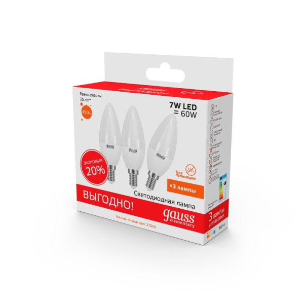 Лампа светодиодная Elementary 7Вт свеча 3000К тепл. бел. E14 450лм промо (уп.3шт) GAUSS 33117T