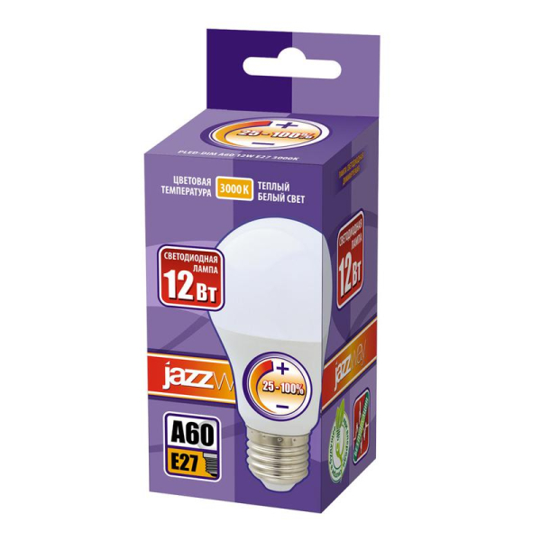 Лампа светодиодная PLED-DIM 12Вт A60 грушевидная 3000К тепл. бел. E27 1060лм 220-240В диммир. JazzWay 2855879