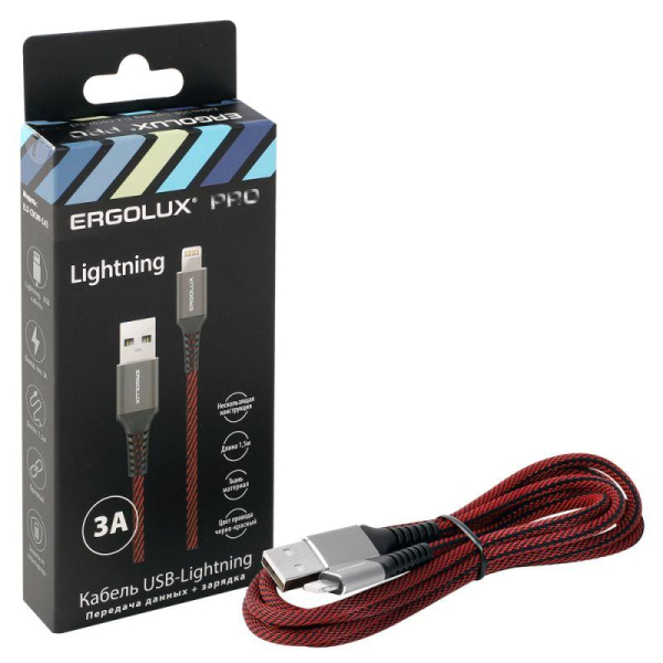 Кабель USB-Lightning ELX-CDC09-C43 3А 1.5м черн./красн. ткань зарядка+ПД коробка Ergolux 15310