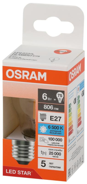 Лампа светодиодная филаментная LSCLP75 6W/865 230VFILCL 6Вт 6500К холод. бел. E27 806лм P угол пучка 300град. 220-240В (замена 75Вт) прозр. стекло OSRAM 4058075688346