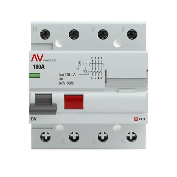 Выключатель дифференциального тока (УЗО) 4п 100А 100мА тип A DV AVERES EKF rccb-4-100-100-a-av