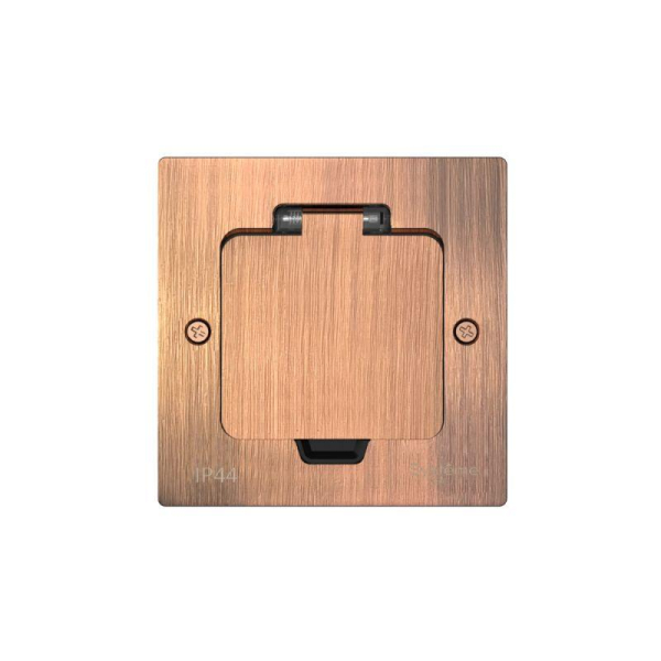 Лючок MultiDesk MDK21 с розеткой 2P+E 16А 250В IP44 с монтажной коробкой для стены фальшпола стола медь SE MDK21102CA