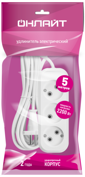 Удлинитель 3х5м без заземл. 10А IP20 90509 OPE-S-03-500-X-2х1 ОНЛАЙТ 90509