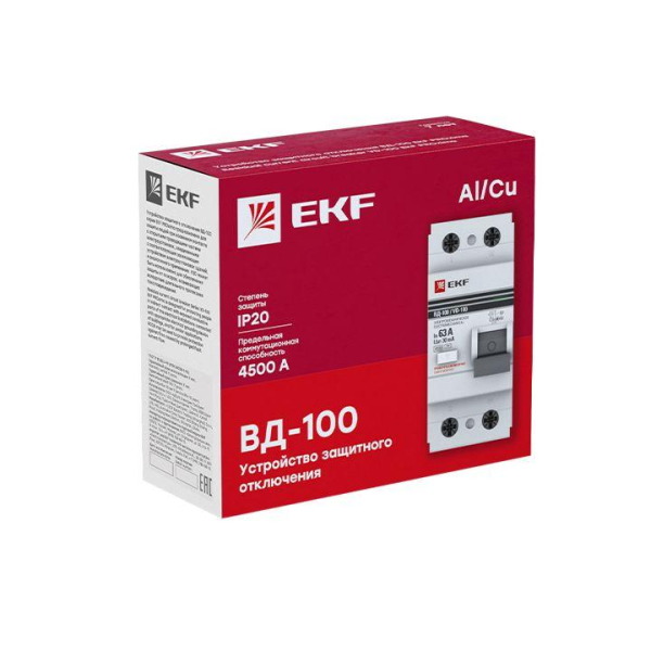 Выключатель дифференциального тока (УЗО) 2п 100А 30мА тип AC ВД-100 (электромех.) PROxima EKF elcb-2-100-30-em-pro