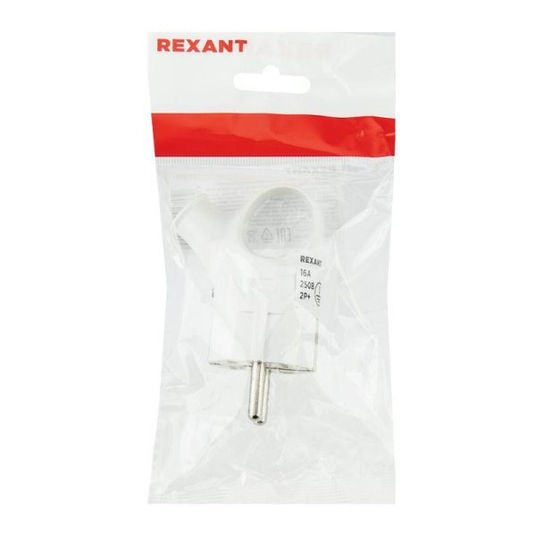 Вилка Евро угловая с з/к 16А с кольцом белая REXANT