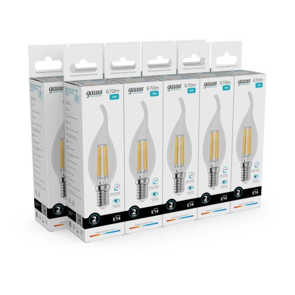 Лампа светодиодная филаментная Filament Elementary 10Вт свеча на ветру 4100К Е14 670лм GAUSS 42120