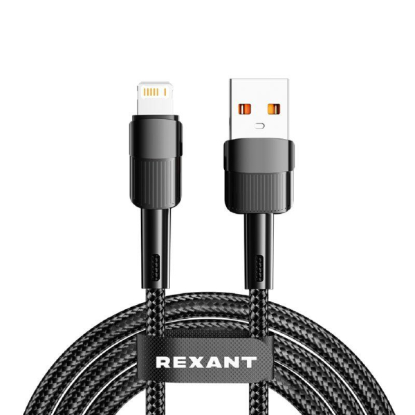 Кабель USB-A – Lightning, 2,4А, 1м, в черной нейлоновой оплетке REXANT