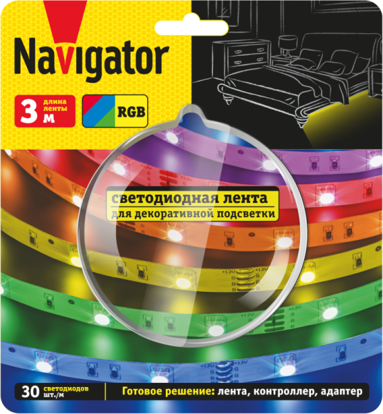 Лента светодиодная 95 143 NLS-SET-01 RGB 3м 30шт/м адаптер 1м IP20 Navigator 95143