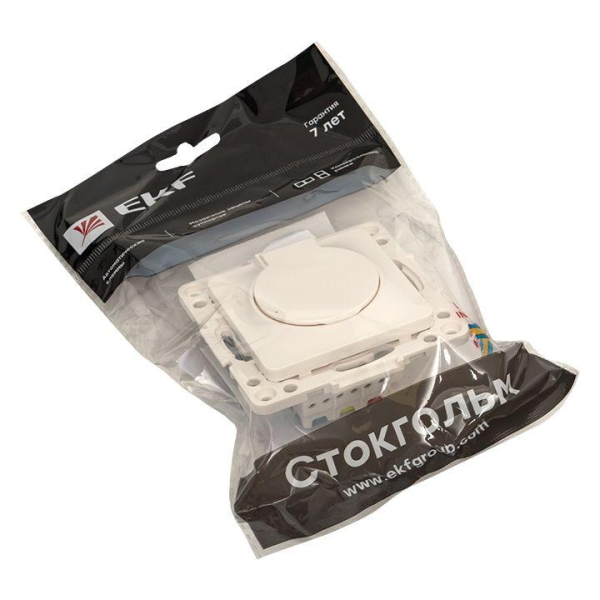 Розетка 1-м СП Стокгольм 16А IP44 с заземл. защ. шторки с крышкой механизм бел. PROxima EKF EYR16-028-10-44