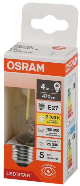Лампа светодиодная филаментная LS CLB40 4W/827 230VFILCL RU 4Вт 2700К тепл. бел. E27 470лм B угол пучка 300град. 220-240В (замена 40Вт) прозр. стекло OSRAM 4058075687813