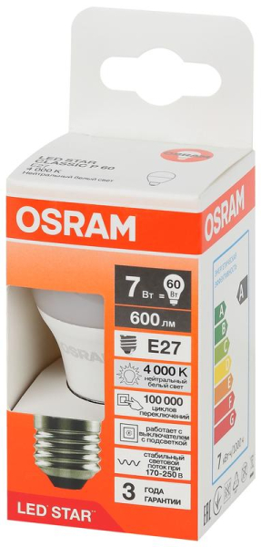 Лампа светодиодная LED Star 7Вт шар 4000К E27 600лм (замена 60Вт) OSRAM 4058075696440