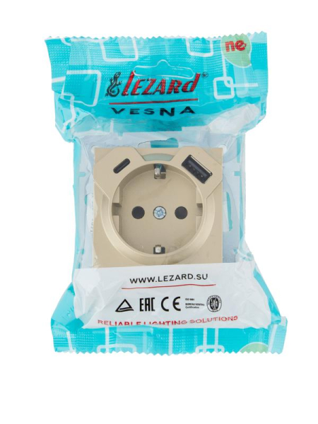 Розетка с заземл. TC+USB разъем VESNA зол. LEZARD 742-3688-181TC