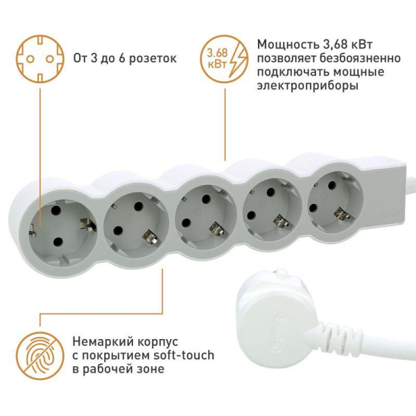 Удлинитель 5х1.5м 16А IP20 Стандарт 5х2P+E бел./сер. Leg 694555